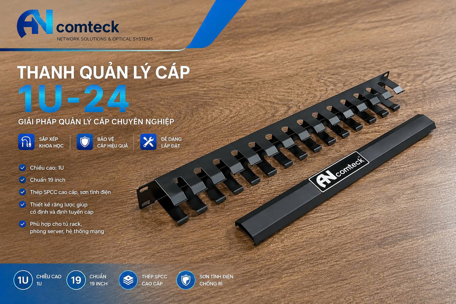 Thanh quản lý cáp ngang 1u 24 cổng lắp rack 19'' ACT-19241U, hiệu Ancomteck